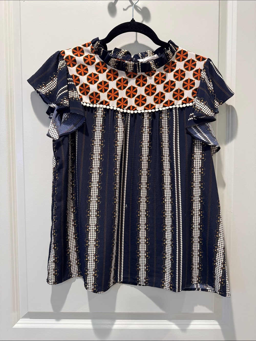 Navy & Orange Patterned Ruffle-Yoke Blouse